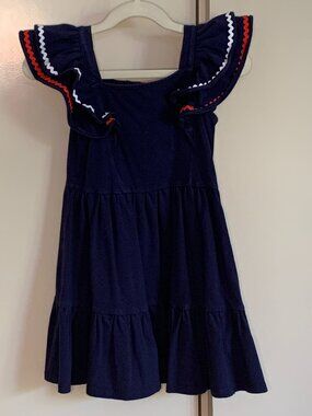 Janie and Jack Navy Ruffle Sleeve Dress Red White Trim Size 4 Classic Summer
